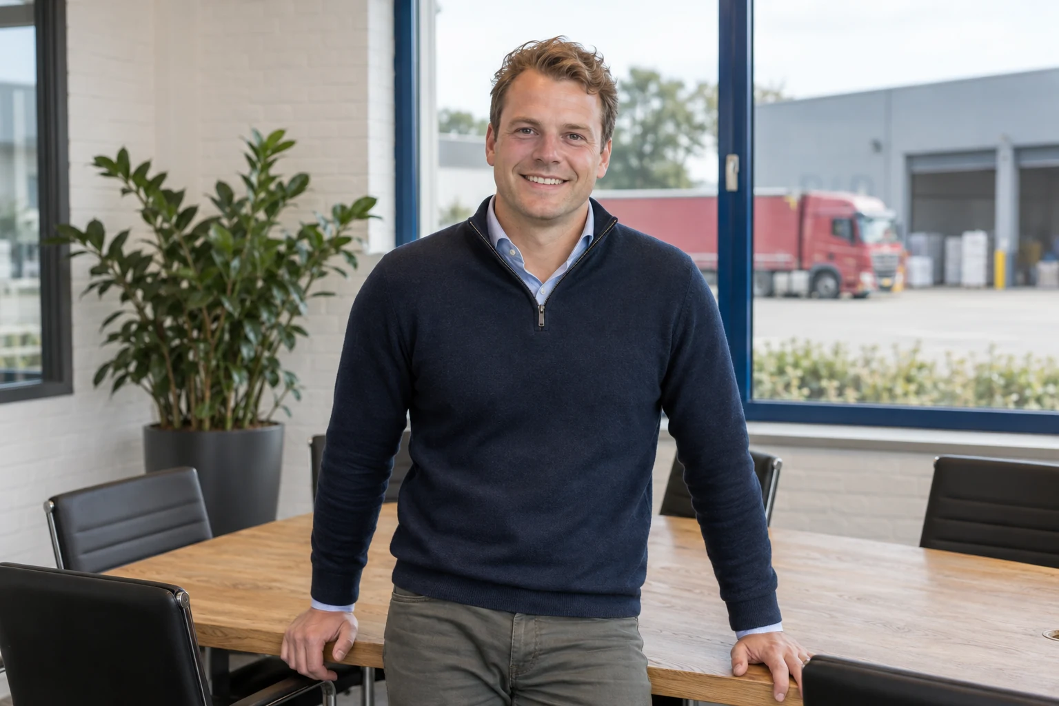 Voorbeeldportret van een medewerker bij een vergadertafel
