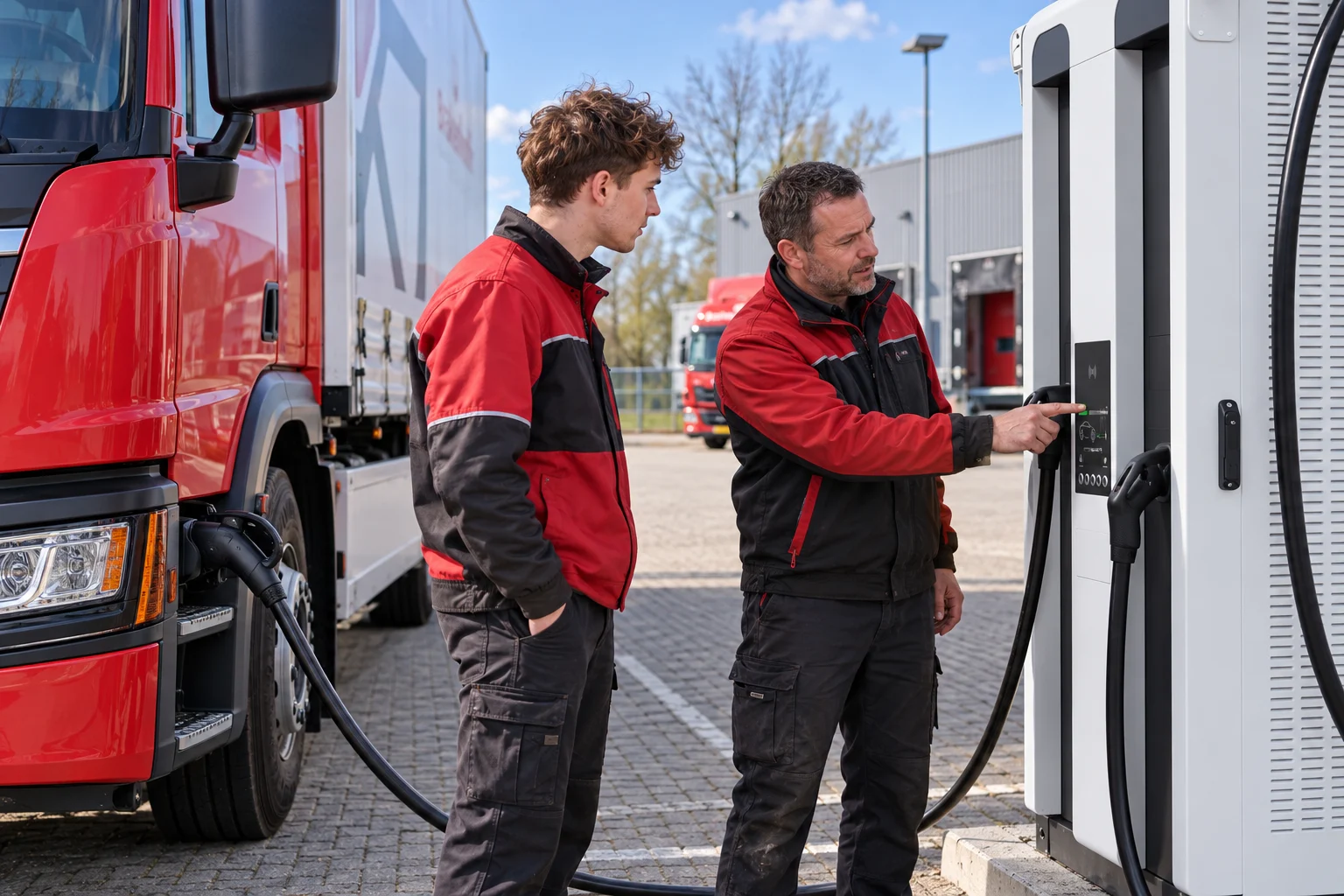 Een medewerker legt een collega uit hoe de elektrische vrachtwagen wordt opgeladen