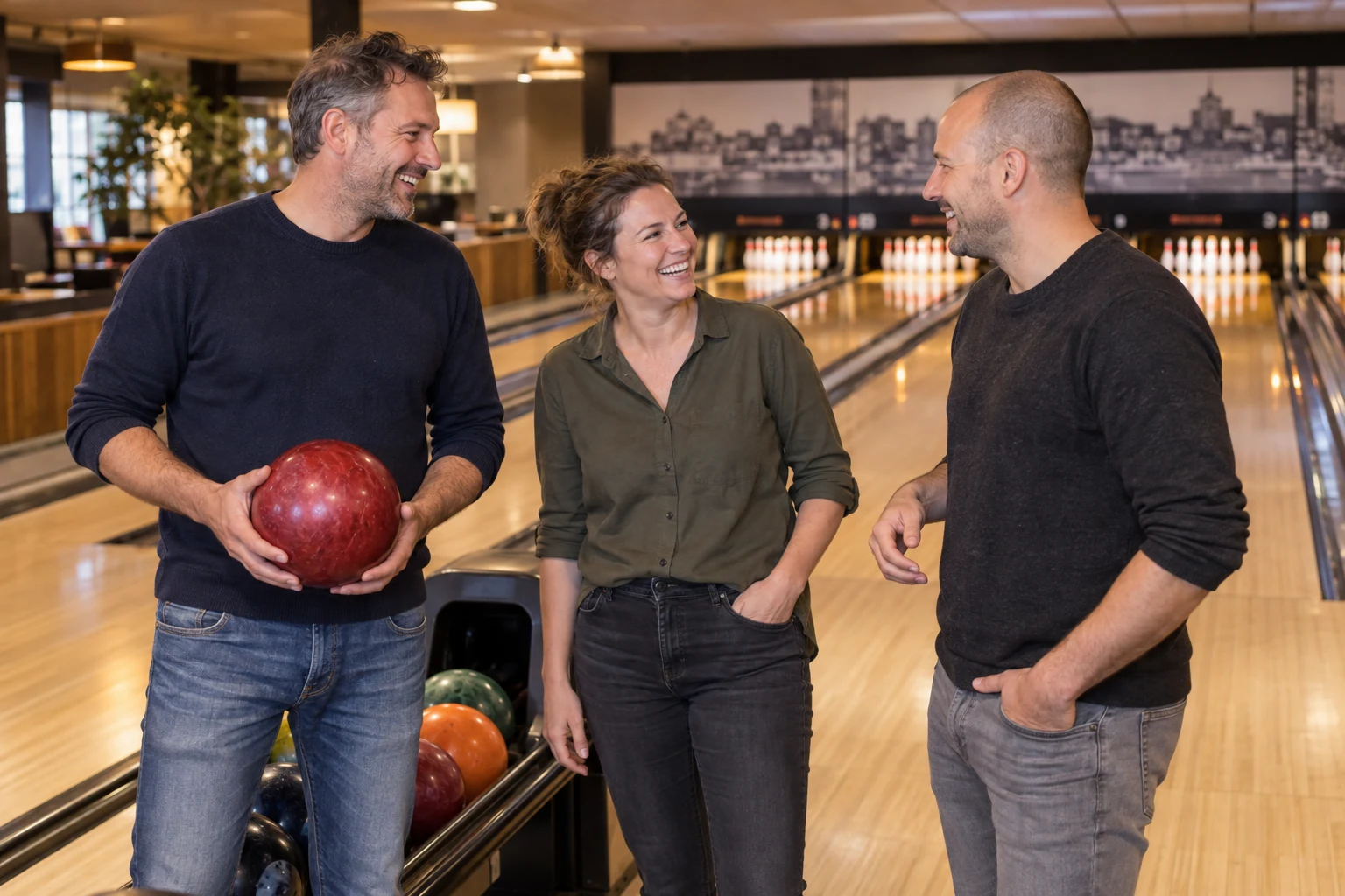 Drie collega’s genieten van een bowlingavond