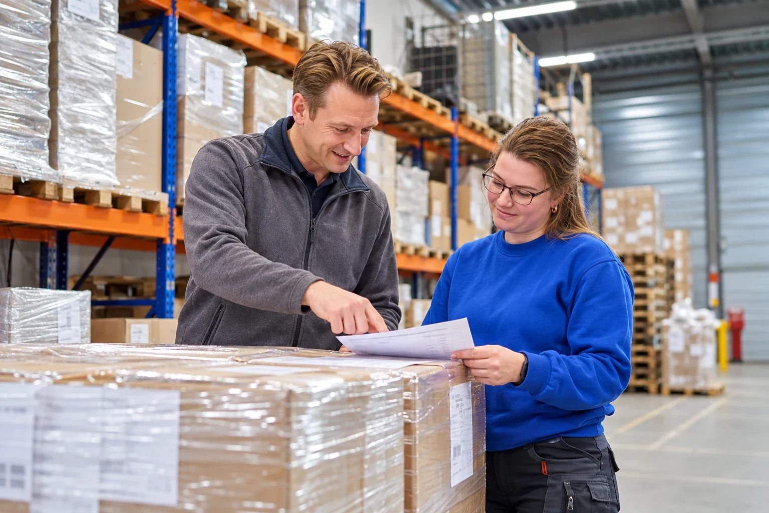 Twee collega’s bespreken een werklijst in het magazijn