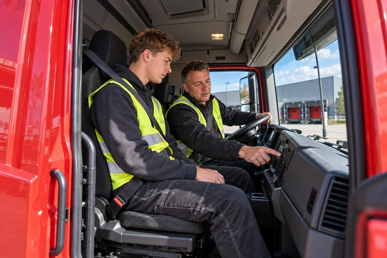 Een instructeur legt het dashboard uit aan een leerling in de vrachtwagencabine